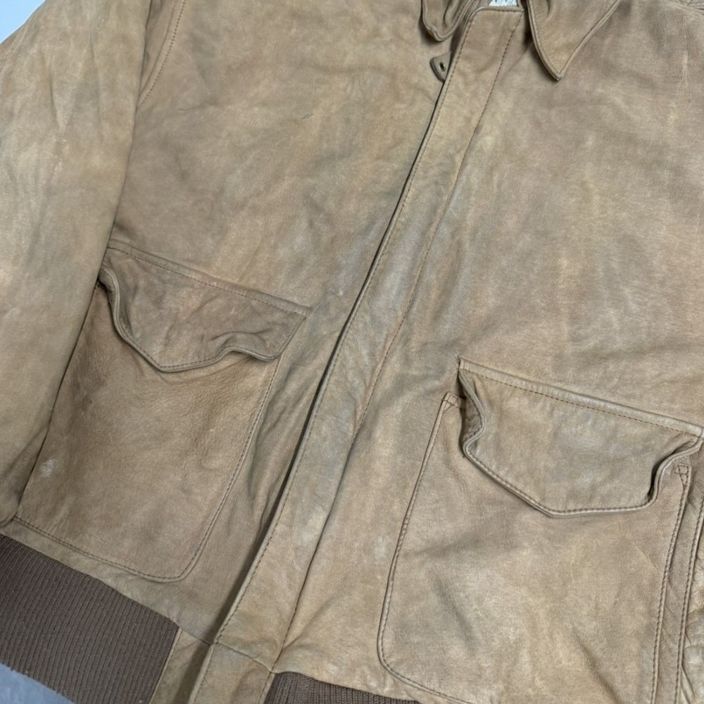 G-III Leather Bomber Jacket Mens Small Tan Good Distressed Aviator Map Lining - Picture 3 of 9